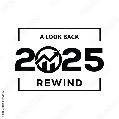 Minimal black and white “2025 Rewind – A Look Back” typography design with bold year text framed by simple lines, modern template for year in review videos, social media posts, blogs and recap present