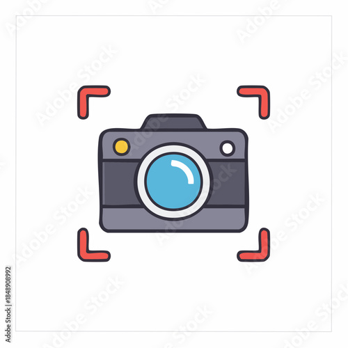 Camera autofocus icon in doodle style. Photographic equipment with focus frame for photography concept, vector