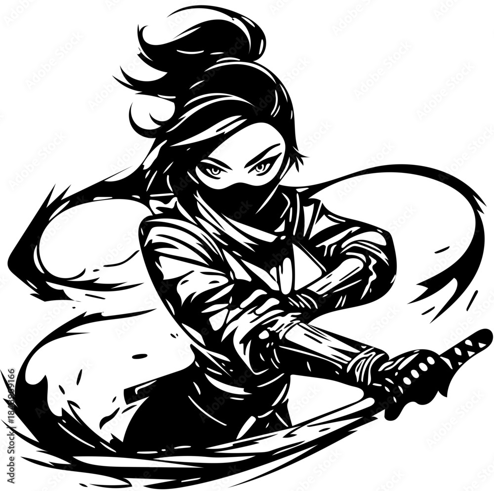 Fototapeta premium Graphic illustration of a determined female warrior with a katana, ready for battle