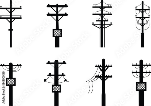 Utility pole silhouette vector, electrical infrastructure icons, telecommunication tower illustration, black design, wire and insulator concept, urban power structure