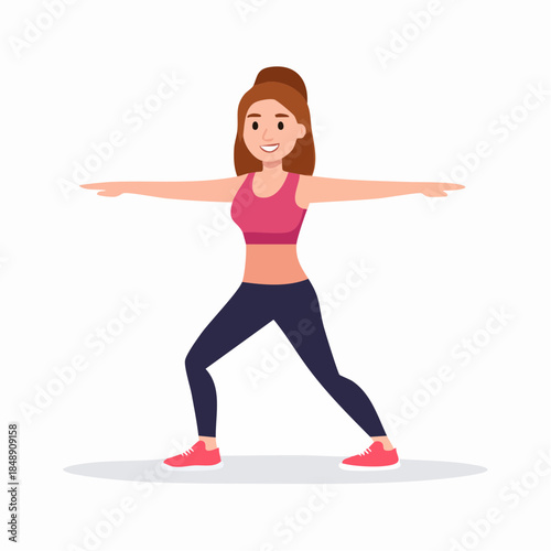 Woman practicing yoga, stretching in warrior pose, active lifestyle, sporty girl exercising and fitness training in sportswear, indoor cartoon character