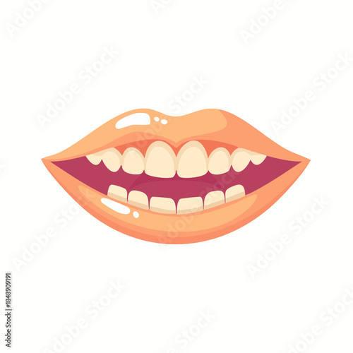 Illustrated Smiling Mouth with Healthy Teeth and Red Lips, Cheerful Expression in a Cartoon Style, Oral Hygiene and Dental Care for Healthy Smiles