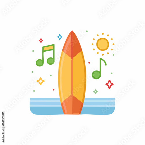 Vibrant Surfboard Stands in Gentle Waves with Music Notes and Sun in Whimsical Design