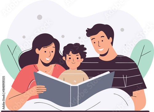 Parents Reading Storybook with Child at Home Family Flat Illustration