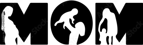 Elegant graphic symbolizing motherhood's journey, featuring black and white silhouettes of a woman and children, representing maternal love, family, and care