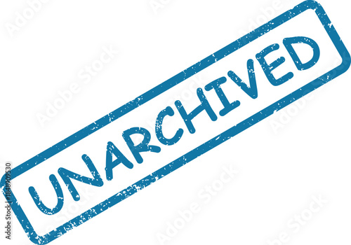 Blue, grungy rubber stamp boldly displays the word UNARCHIVED on a clear white surface