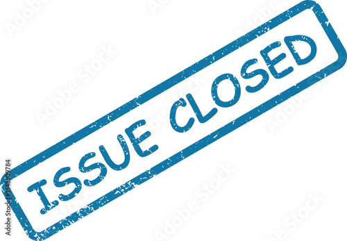 Clear blue rubber stamp impression prominently featuring the words Issue Closed on a pristine white background
