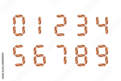 Digital display of digits. Icon set. Copper numbers, numerals. Scoreboard, clock, stopwatch, calculator, electronic meter. Seven segment. Vector