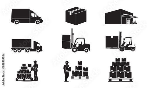 Warehouse logistics and shipping icon set. Forklift, delivery truck, storage building, worker, and pallet box symbols.