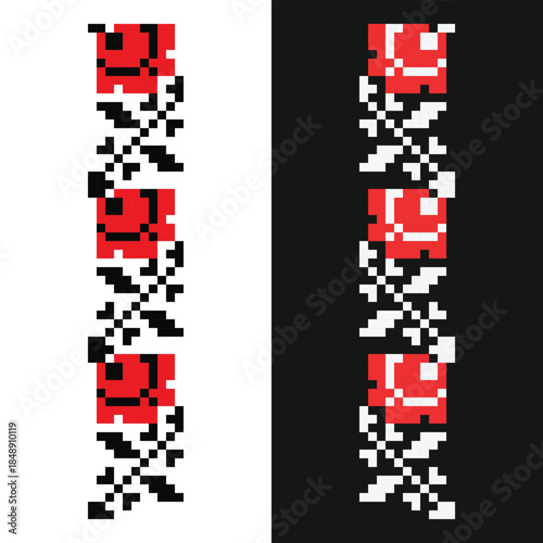 Ukrainian red rose embroidery border ornament, on white and black backgrounds. Traditional folk floral  pattern for decor, prints, and design
