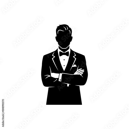 Confident bartender crossed arms silhouette vector illustration