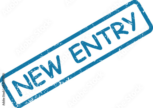Grunge style blue rubber stamp with the phrase NEW ENTRY visible diagonally on a pristine white surface