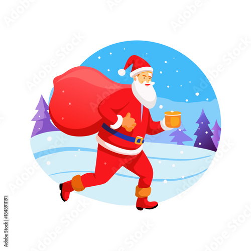 Jolly character in red suit with a large bag running through a snowy landscape, holding a cup, surrounded by evergreen trees, embodying festive holiday spirit and joy