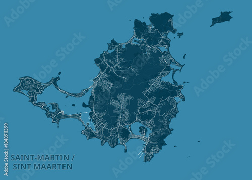 The image shows a detailed map of Saint-Martin / Sint Maarten. The map is rendered in shades of blue, with the landmass depicted in a darker blue and the surrounding ocean in a lighter blue.