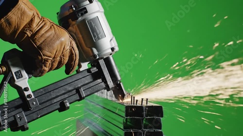 Stud nails being driven home with nail gun nailing studs on effect videos Mission Cordless Power Tools style featuring power tools,