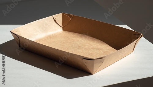 Eco-style paper food tray with natural kraft brown texture, placed on a neutral surface with realistic shadows, clean minimalist composition for sustainable food packaging concepts.