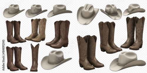 Collection of various brown cowboy boots and light gray cowboy hats on a transparent background.