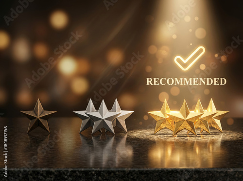 Recommended five-star rating indicating top quality and excellent service, with a glowing checkmark on a dark, elegant background