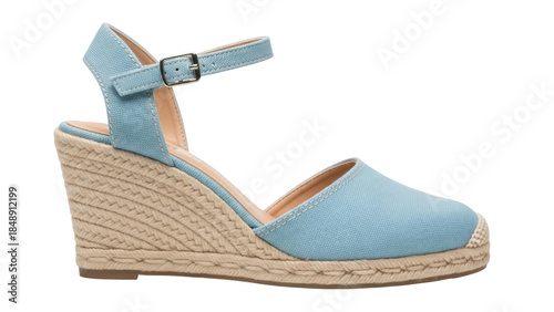 Photos Isolated blue espadrille wedge shoe with ankle strap, fashion footwear for sprin