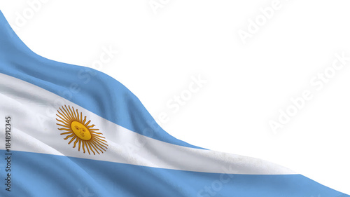 The flag of Argentina features horizontal stripes of blue and white with a sun emblem in the center. The fabric flows gently, reflecting light and showing the colors clearly.