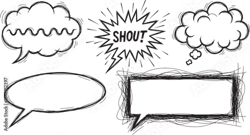 Doodle Style Comic Speech Bubble Set with Hand Drawn Clouds Shout Effect and Messy Sketch Frames for Manga Dialogue and Graphic Novel Storytelling