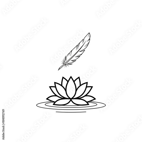 Lotus with floating feather silhouette vector illustration