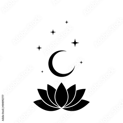 Lotus with crescent moon and stars silhouette vector illustration