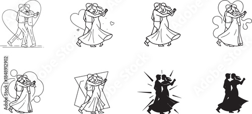 Romantic Wedding Couple Dancing at Celebration Ceremony in Various Artistic Styles Including Line Art Silhouette and Minimalist Geometric Design