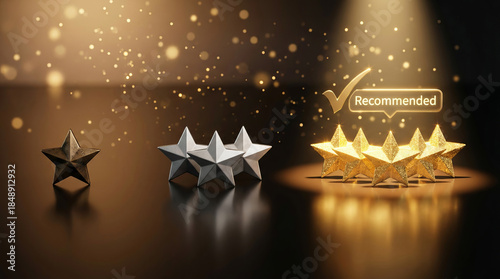 Customer satisfaction and 5-star recommended rating with sparkling golden stars, symbolizing excellent quality and service.