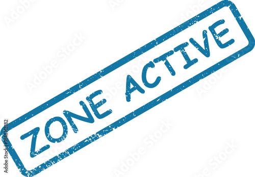 A vibrant blue textured rubber stamp mark clearly displays the phrase ZONE ACTIVE on a clean white background
