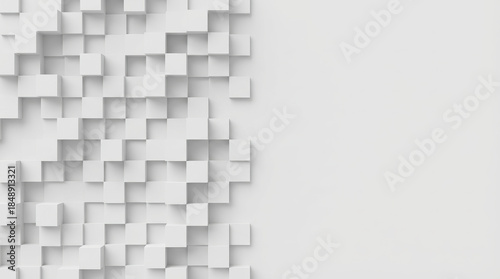 Modern abstract 3D white geometric cube pattern with copy space. Minimalist architectural block structure background for technology and design.
