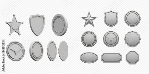 Set of blank silver badges, emblems, and seals in various shapes and angles.