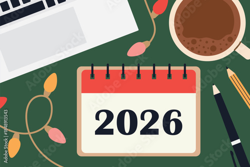 2026 Desk Calendar Flat Lay with Laptop, Coffee and Christmas Lights, workspace scene symbolizing New Year planning, budget, productivity and fresh beginnings - vector illustration