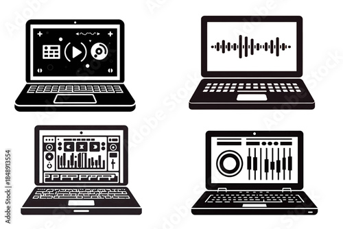 Modern electronic musical instruments. illustrated. as bold vector SVG icons. Includes synthesizers, MIDI controllers, DJ tools, and digital music production devices