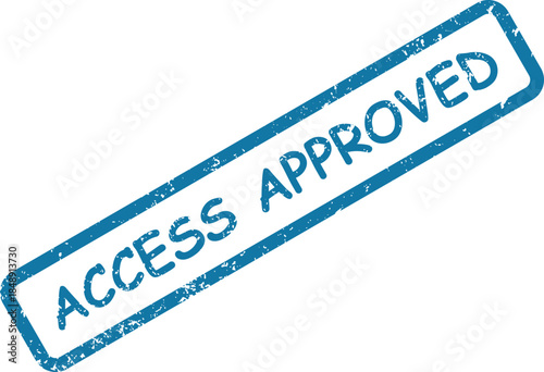 Blue grunge rubber stamp with ACCESS APPROVED message confirming entry permission on a white surface