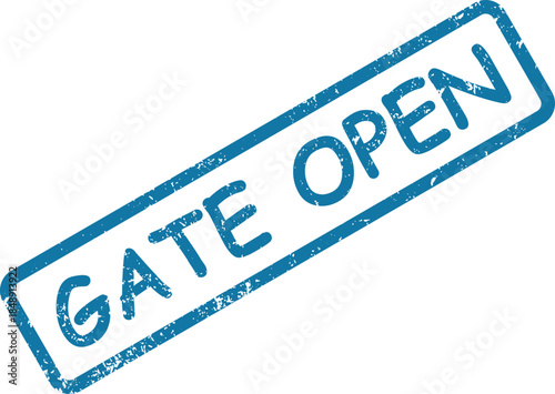 Blue grunge style rubber stamp reading GATE OPEN on a clear white background indicating access