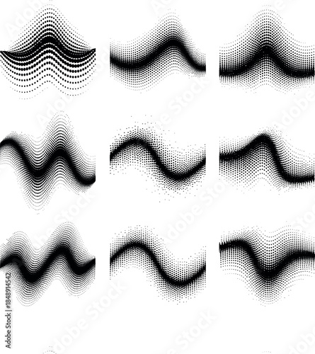Set of black abstract wave patterns and sound frequency ripples with halftone dot effects isolated on white background for modern graphic design.