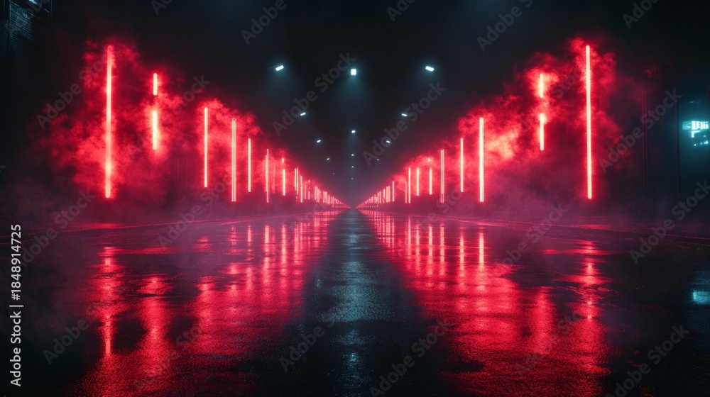 Obraz premium A mysterious road, bathed in scarlet light and shrouded in mist, creates a dramatic backdrop for fantasy films or music videos.