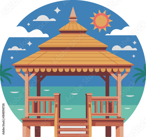 Serene Beachside Gazebo Vector Graphic Illustration with Vibrant Colors and Detailed Architecture Design Elements