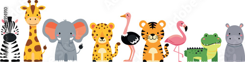 Set of cute cartoon safari animals including zebra giraffe elephant leopard ostrich tiger flamingo crocodile and hippo isolated on white background for kids design.