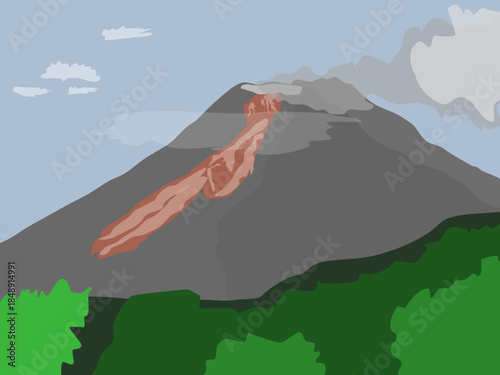 Dramatic view of Mount Merapi volcano erupting at night, Indonesia. Active stratovolcano spewing hot lava and volcanic ash clouds into the dark sky. svg file.