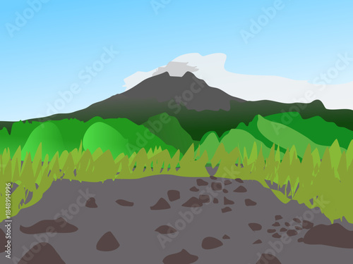 Majestic sunrise view of Mount Merapi volcano, Yogyakarta, Indonesia. Breathtaking mountain landscape with morning mist, clear blue sky, and lush green fields.