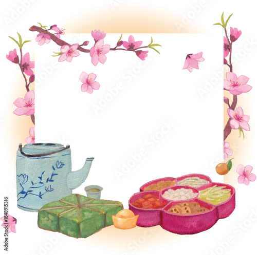 Watercolor Tet holiday background with Vietnamese traditional food, tea pot, banh chung rice cake and festive tray, peach blossoms frame, Lunar New Year celebration illustration.