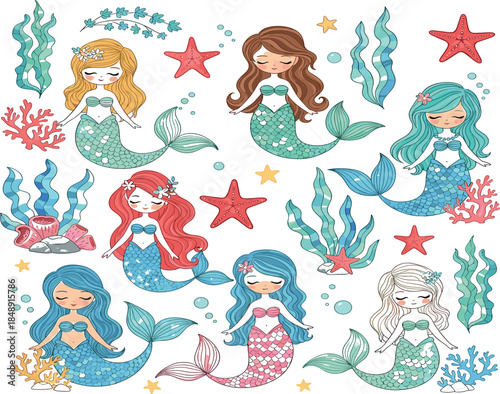 Set of cute mermaid characters with colorful hair and tails swimming underwater with starfish coral and seaweed isolated on white background for kids design.