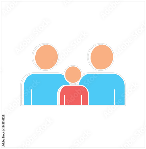 Flat vector icon of a family silhouette with two parents and a child in blue and red colors isolated on white background.