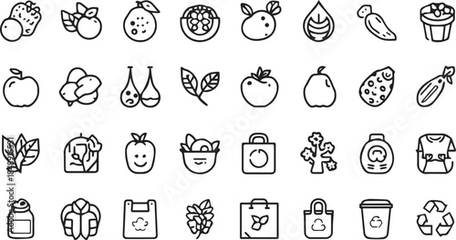 Organic Food and Eco Friendly Lifestyle Line Icon Set  Fruits Vegetables and Sustainable Shopping Elements