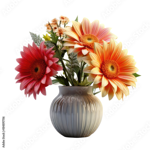 Colorful gerbera daisies in a small, ribbed vase