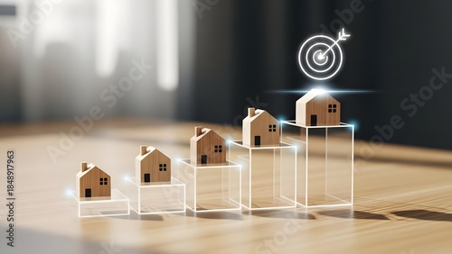 Houses on blocks with target and arrow symbolizing real estate goals