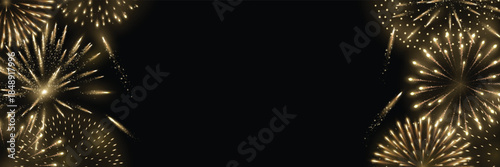 Add to any background using screen mode. Gold fireworks bursts on black background with open copy space, festive vector element for Independence Day, Diwali, New Year and anniversary promotions.