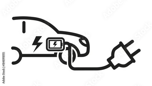 Charging Electric Car: A minimalist illustration of an electric car being charged, showcasing sustainable transportation and green energy with sleek lines.